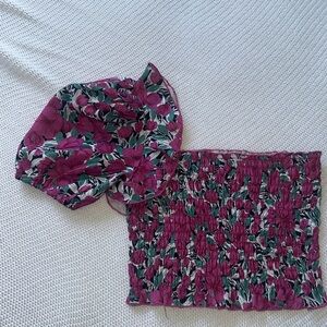 SHEIN one shoulder purple and green floral ribbed crop top